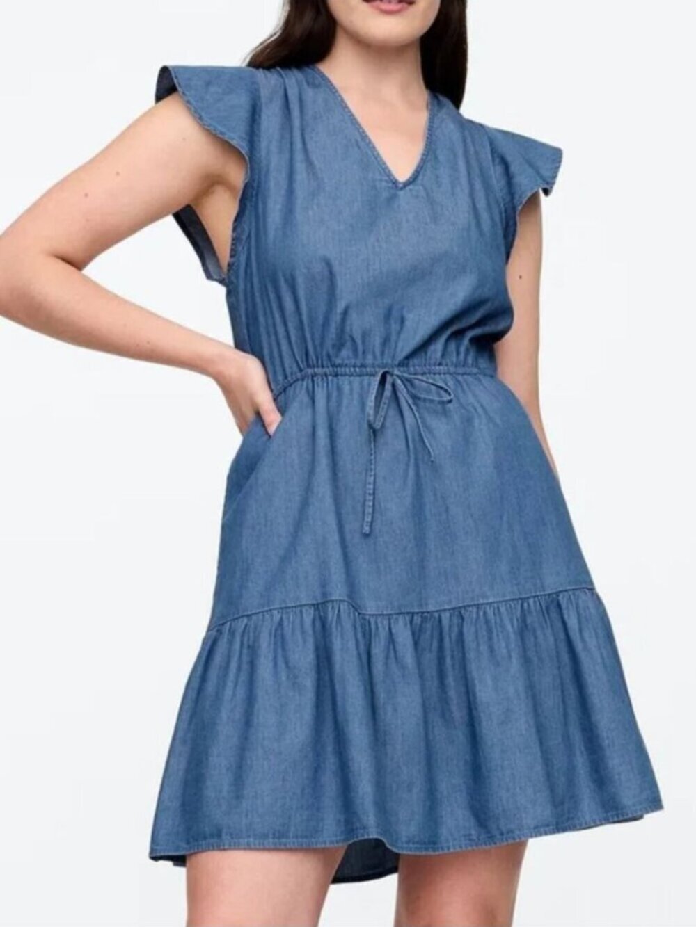 Gap Denim Chambray Flutter Sleeve Dress Tie Waist Blue Size Large